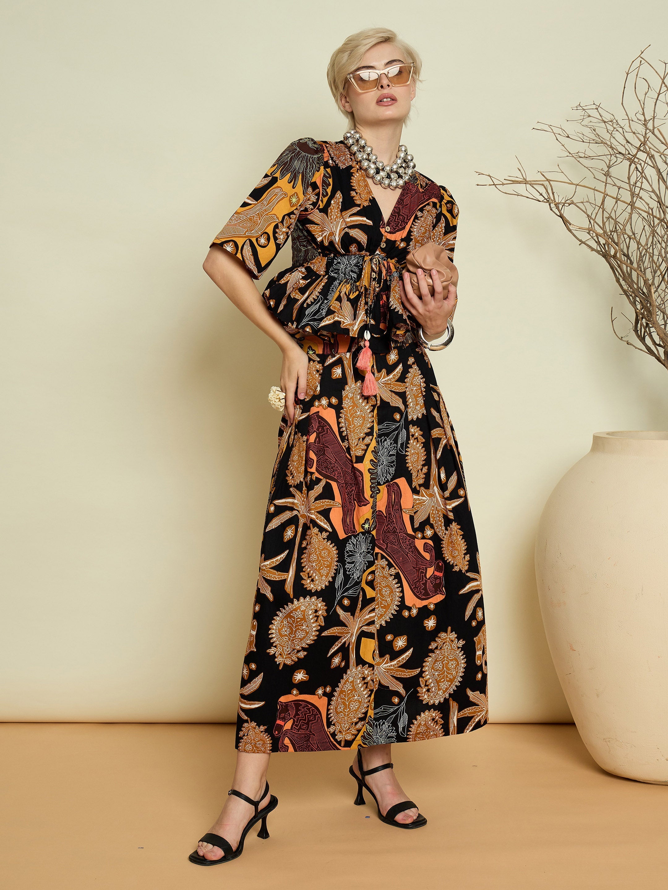 Women Black Boho Printed Peplum Top With Skirt-SFSETS96599