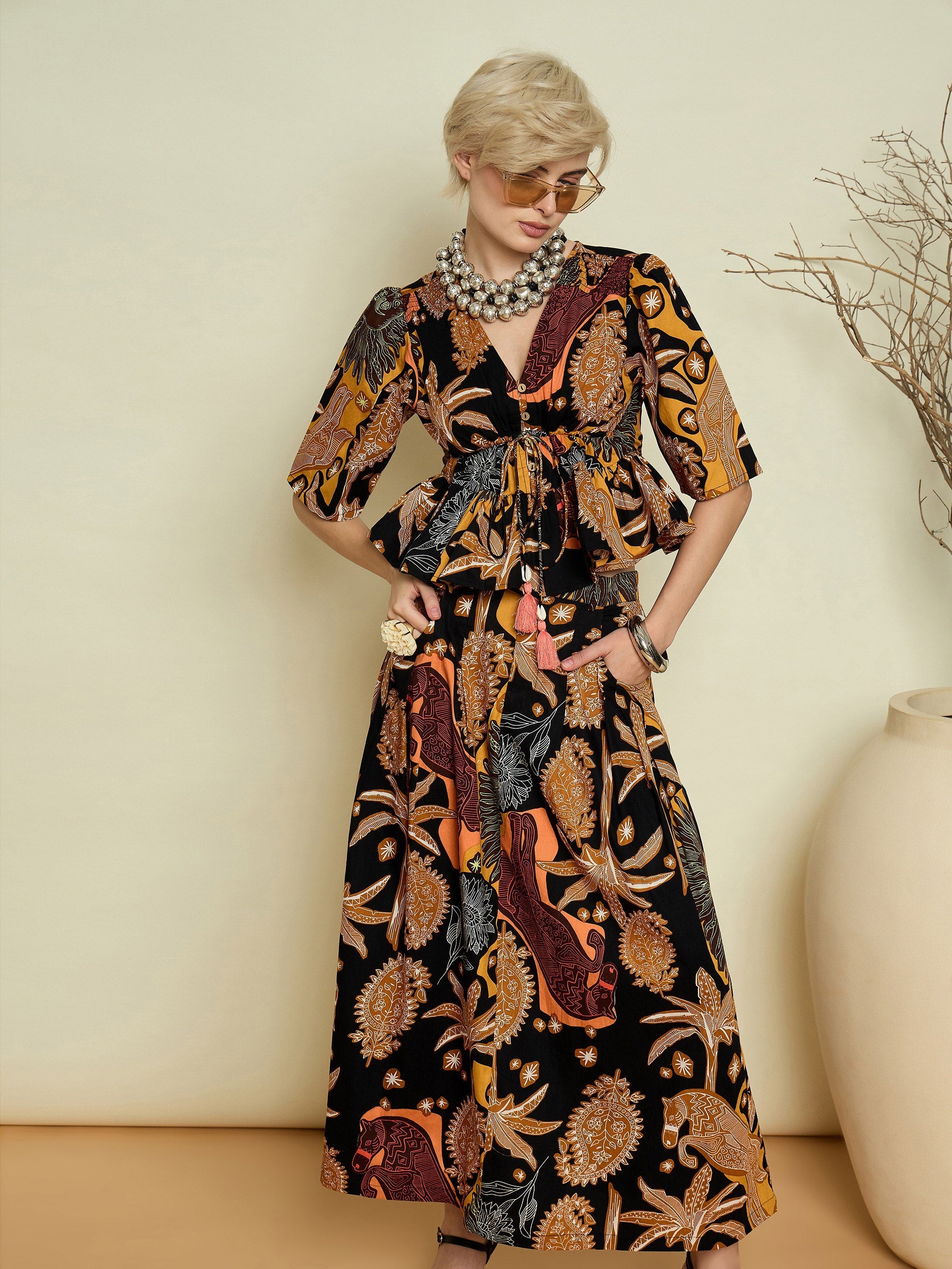 Women Black Boho Printed Peplum Top With Skirt-SFSETS96599
