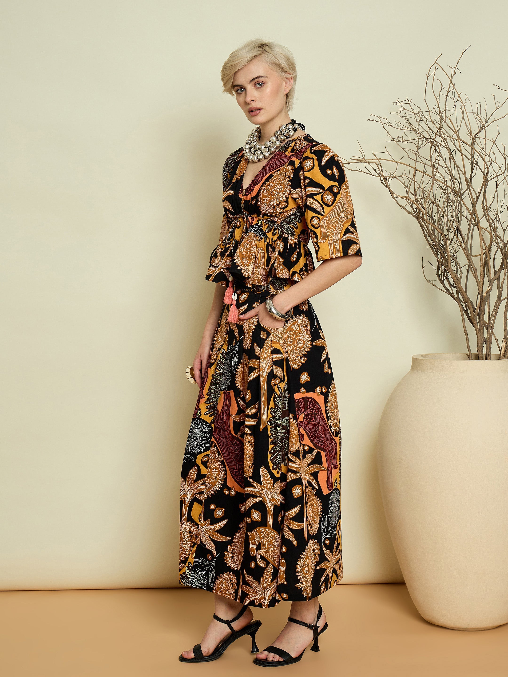 Women Black Boho Printed Peplum Top With Skirt-SFSETS96599