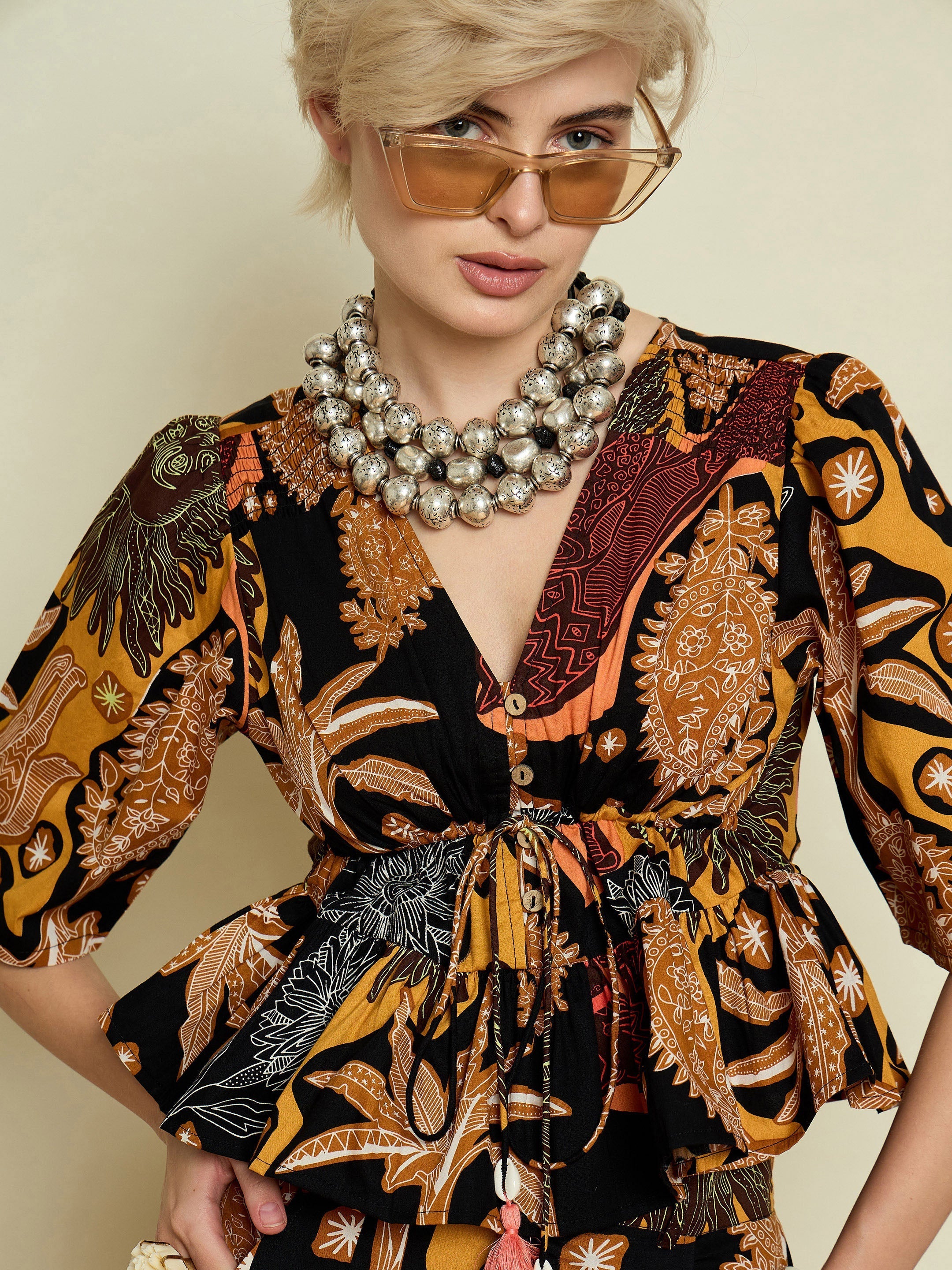 Women Black Boho Printed Peplum Top With Skirt-SFSETS96599