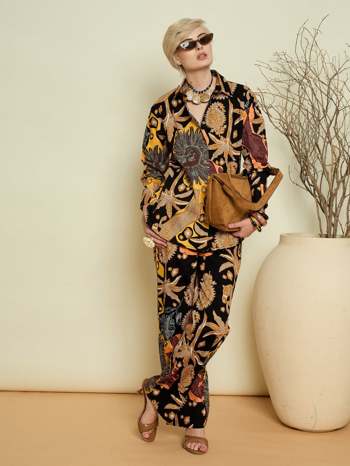 Women Black Boho Printed Shirt With Straight Pants-SFSETS96600