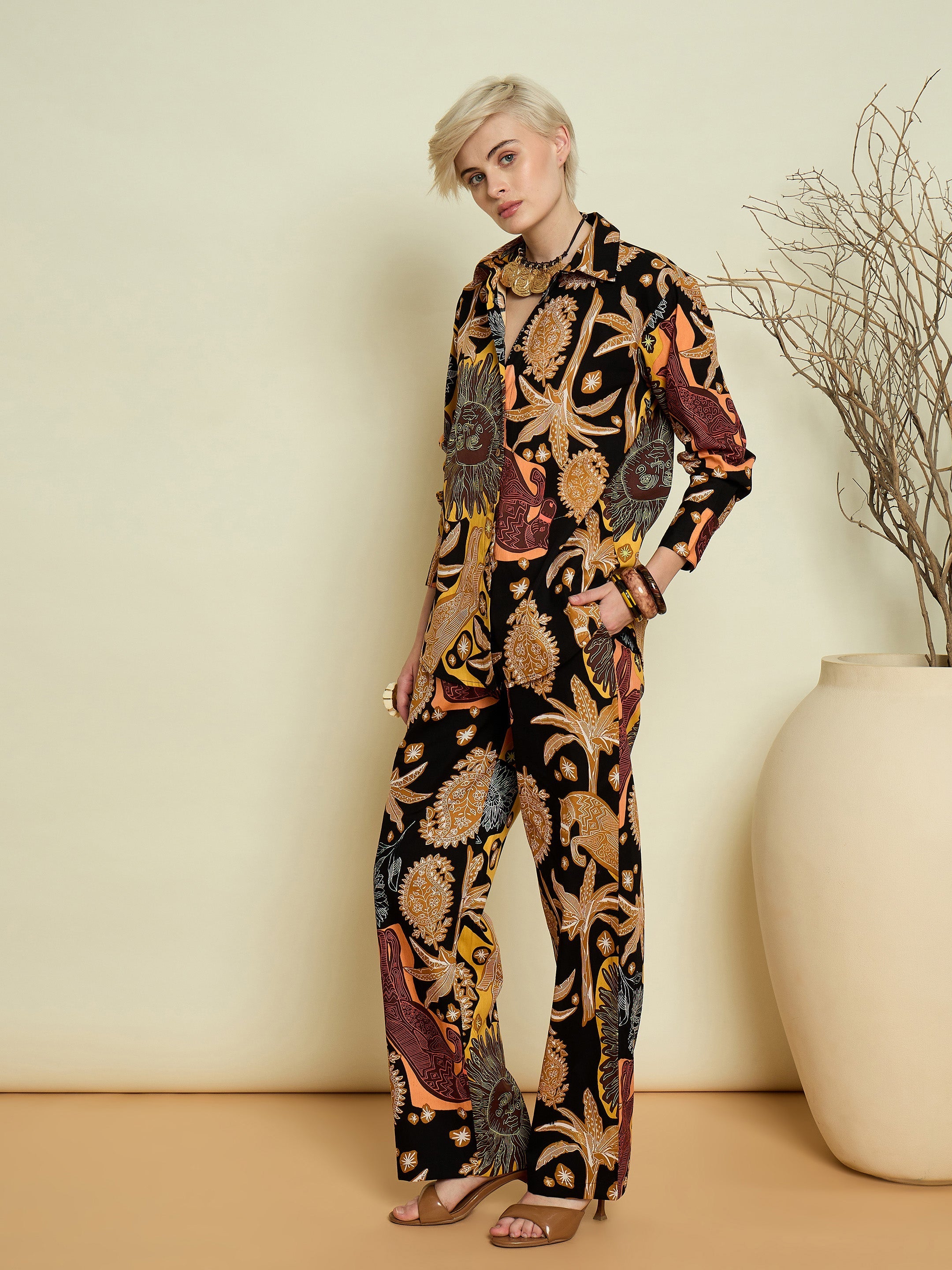 Women Black Boho Printed Shirt With Straight Pants-SFSETS96600