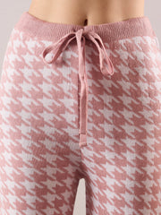 Women Pink & White Houndstooth V-Neck Sweater With Joggers-SFSETS96601