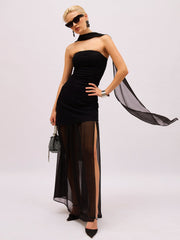 Women Jet Black Denim Tube Top With Georgette Skirt & Scarf-SFSETS96603