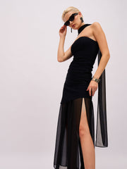 Women Jet Black Denim Tube Top With Georgette Skirt & Scarf-SFSETS96603