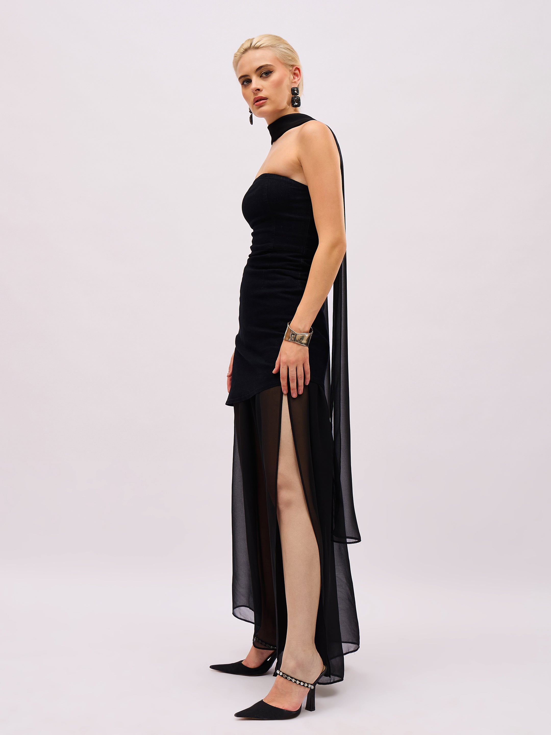 Women Jet Black Denim Tube Top With Georgette Skirt & Scarf-SFSETS96603
