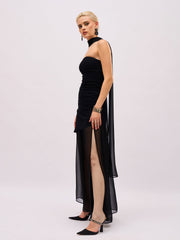 Women Jet Black Denim Tube Top With Georgette Skirt & Scarf-SFSETS96603
