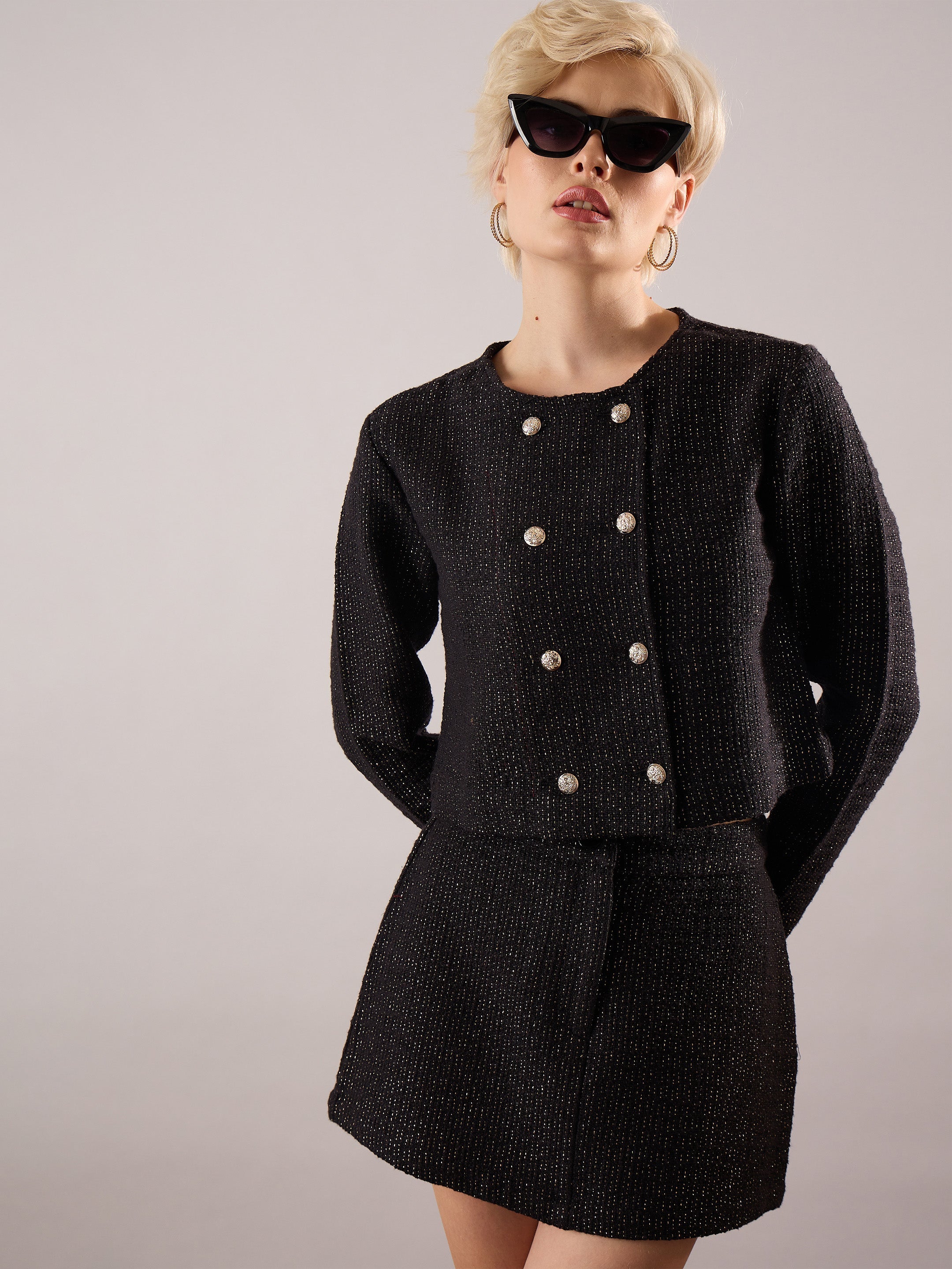 Women Black Tweed Full Sleeves Crop Blazer With Mini Skirt-SFSETS96604
