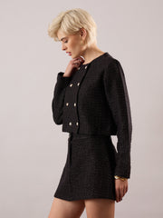 Women Black Tweed Full Sleeves Crop Blazer With Mini Skirt-SFSETS96604