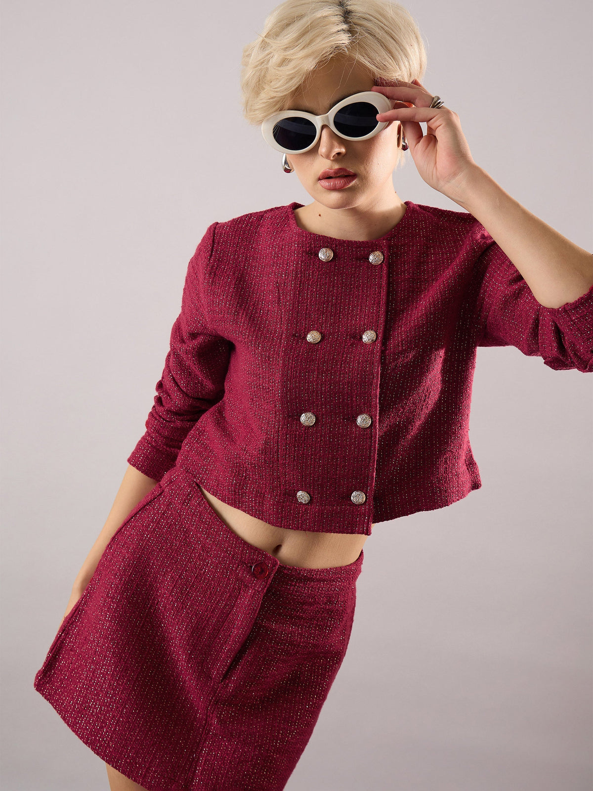 Women Maroon Tweed Full Sleeves Crop Blazer With Mini Skirt-SFSETS96605