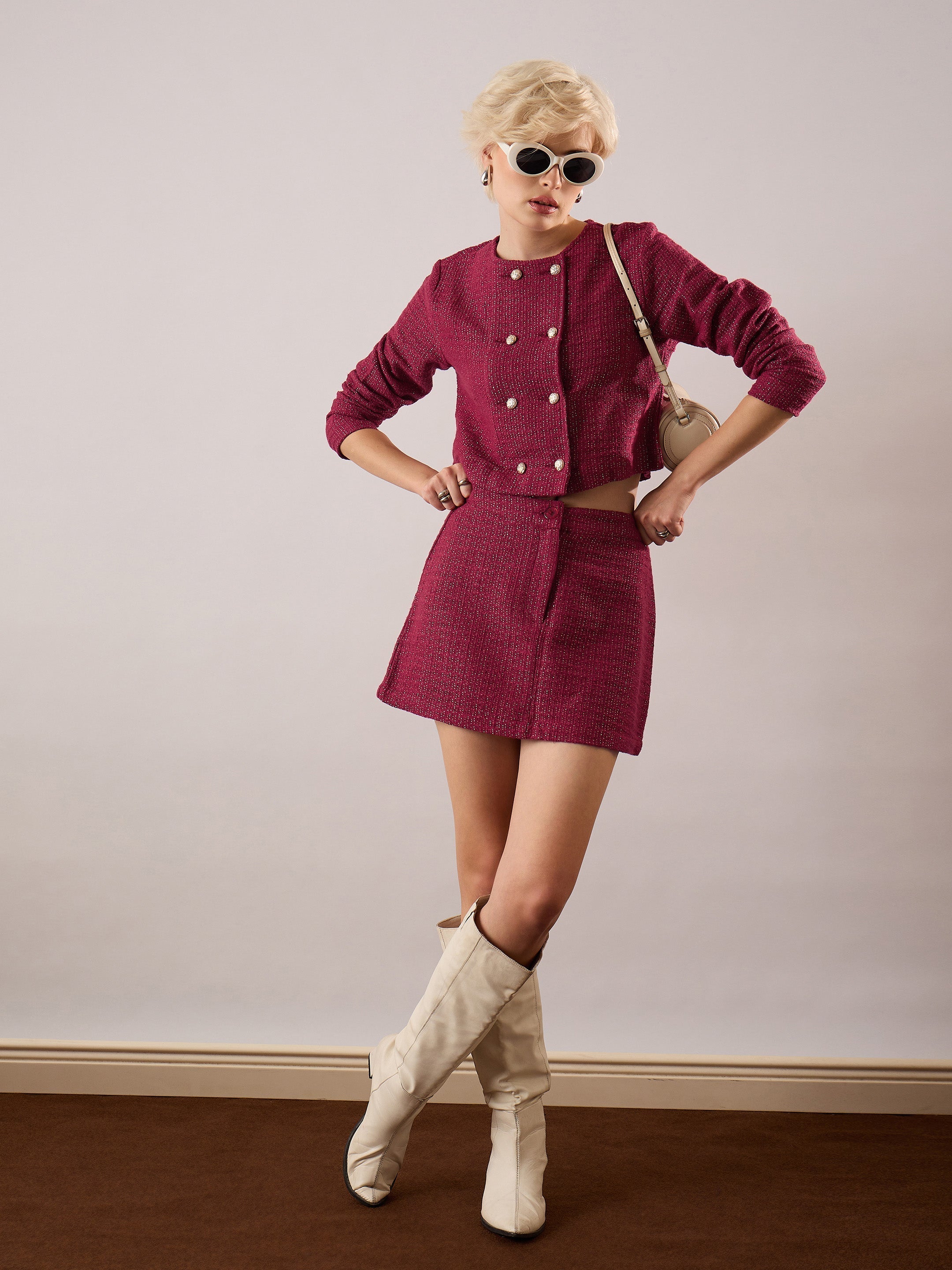 Women Maroon Tweed Full Sleeves Crop Blazer With Mini Skirt-SFSETS96605