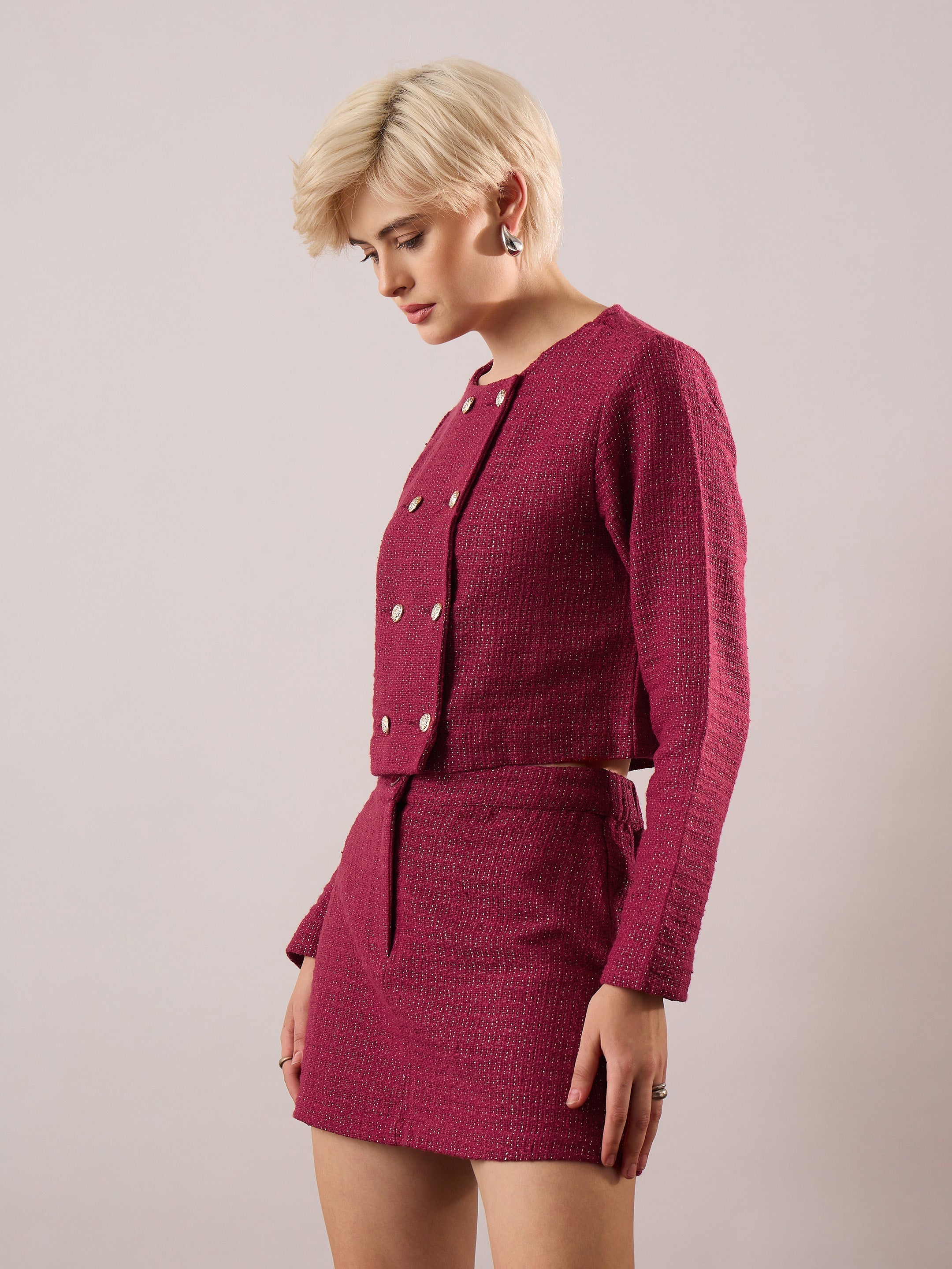 Women Maroon Tweed Full Sleeves Crop Blazer With Mini Skirt-SFSETS96605