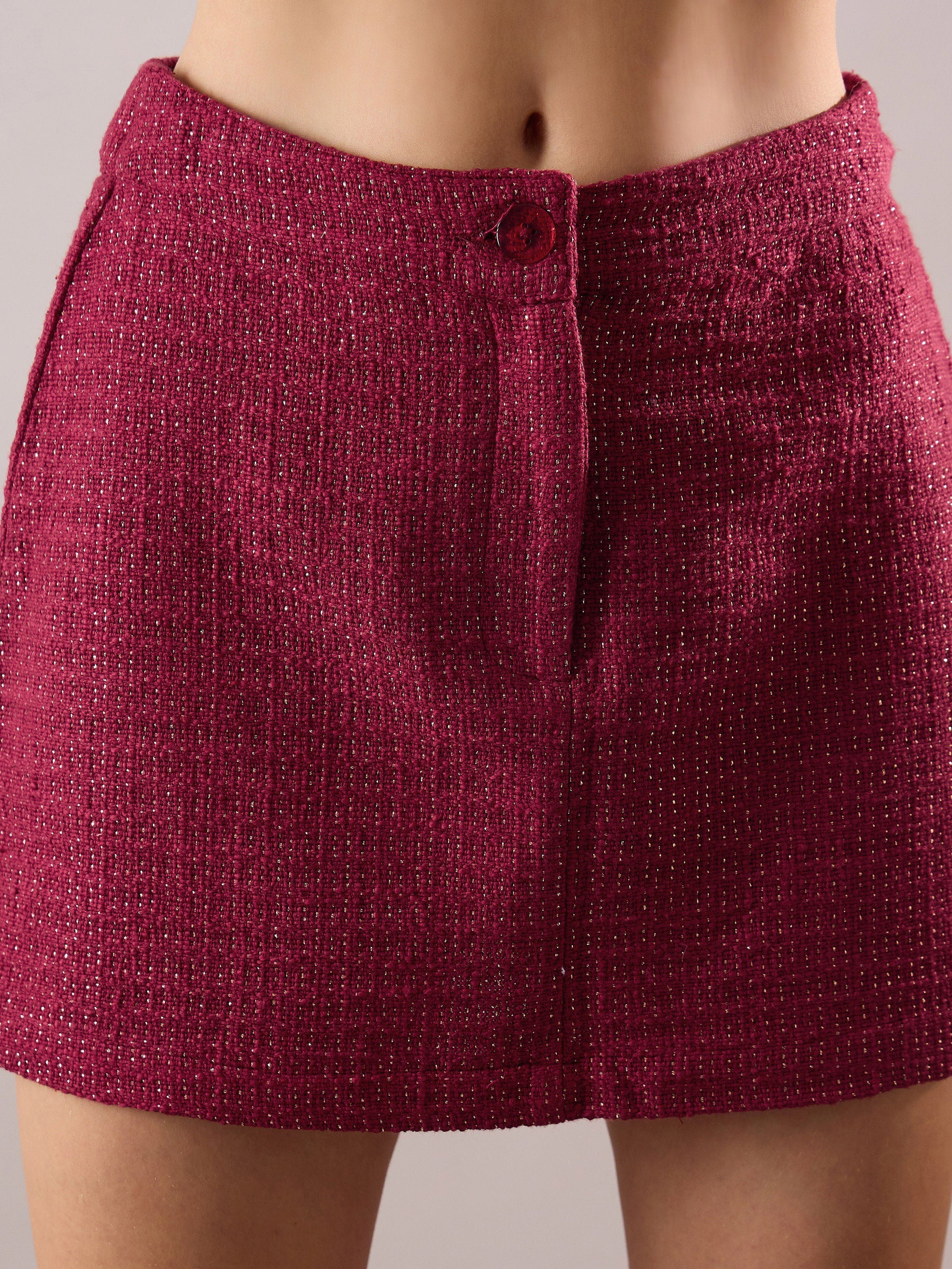 Women Maroon Tweed Full Sleeves Crop Blazer With Mini Skirt-SFSETS96605