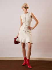 Women White Tweed Waist Top With Flared Mini Skirt-SFSETS96607