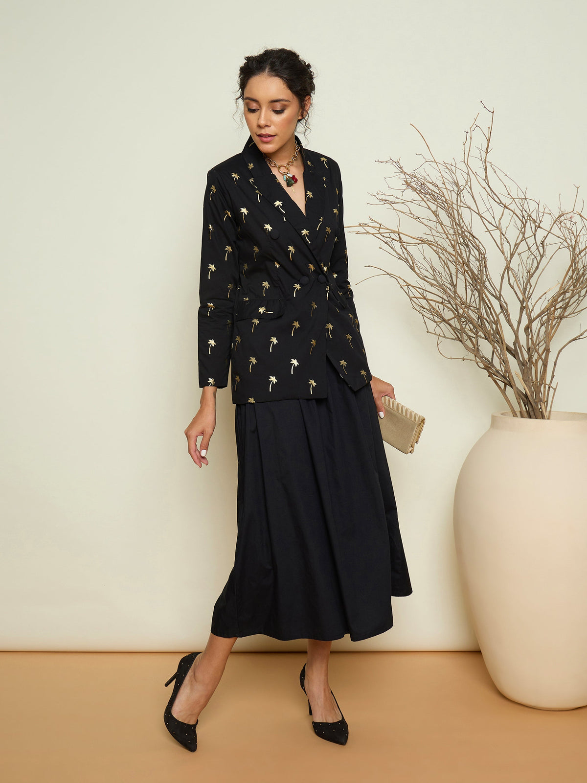 Women Black Foil Print Double Breasted Blazer With Gathered Skirt-SFSETS96638