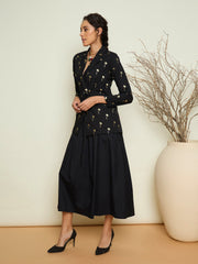 Women Black Foil Print Double Breasted Blazer With Gathered Skirt-SFSETS96638