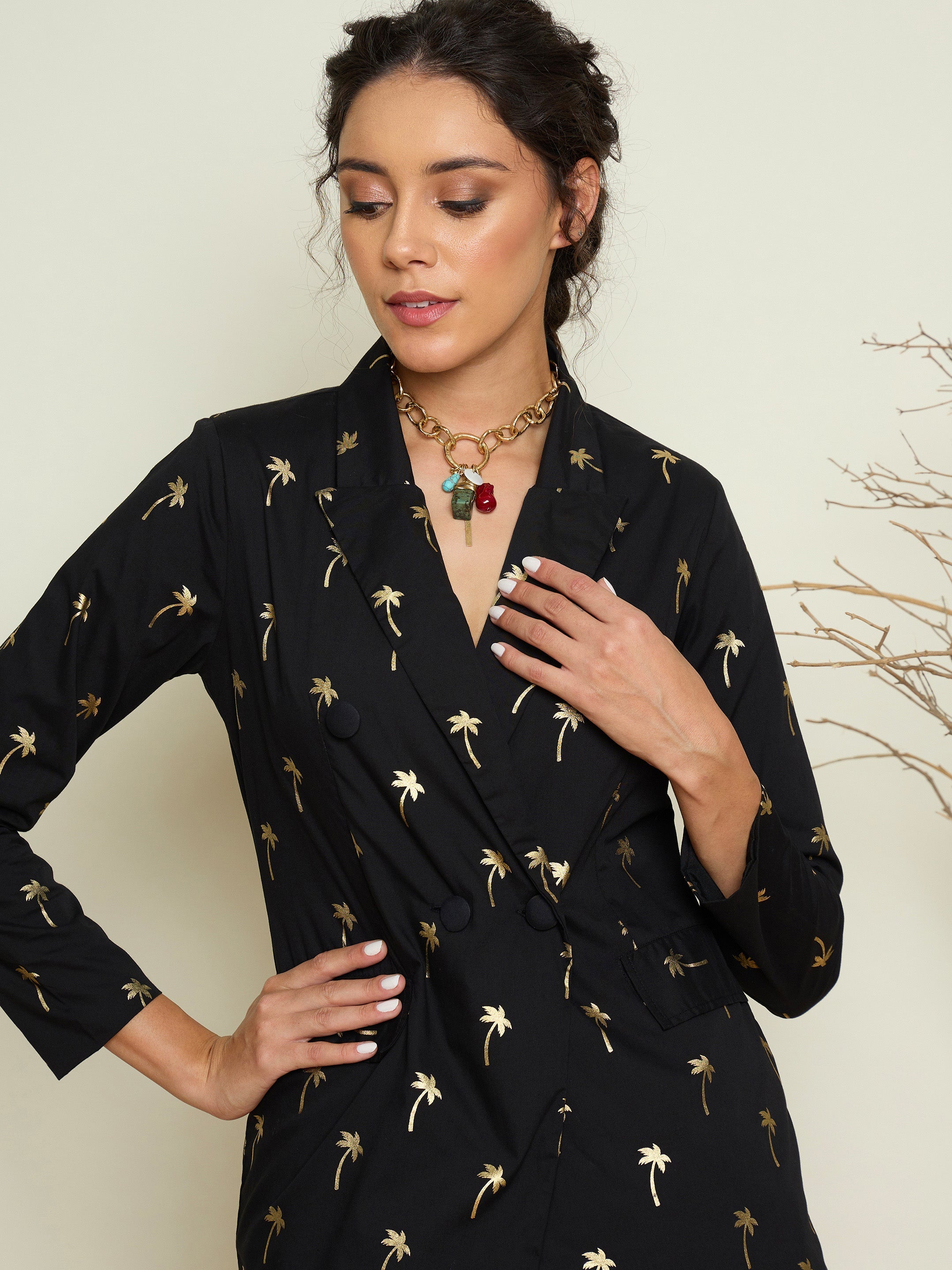 Women Black Foil Print Double Breasted Blazer With Gathered Skirt-SFSETS96638