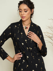 Women Black Foil Print Double Breasted Blazer With Gathered Skirt-SFSETS96638