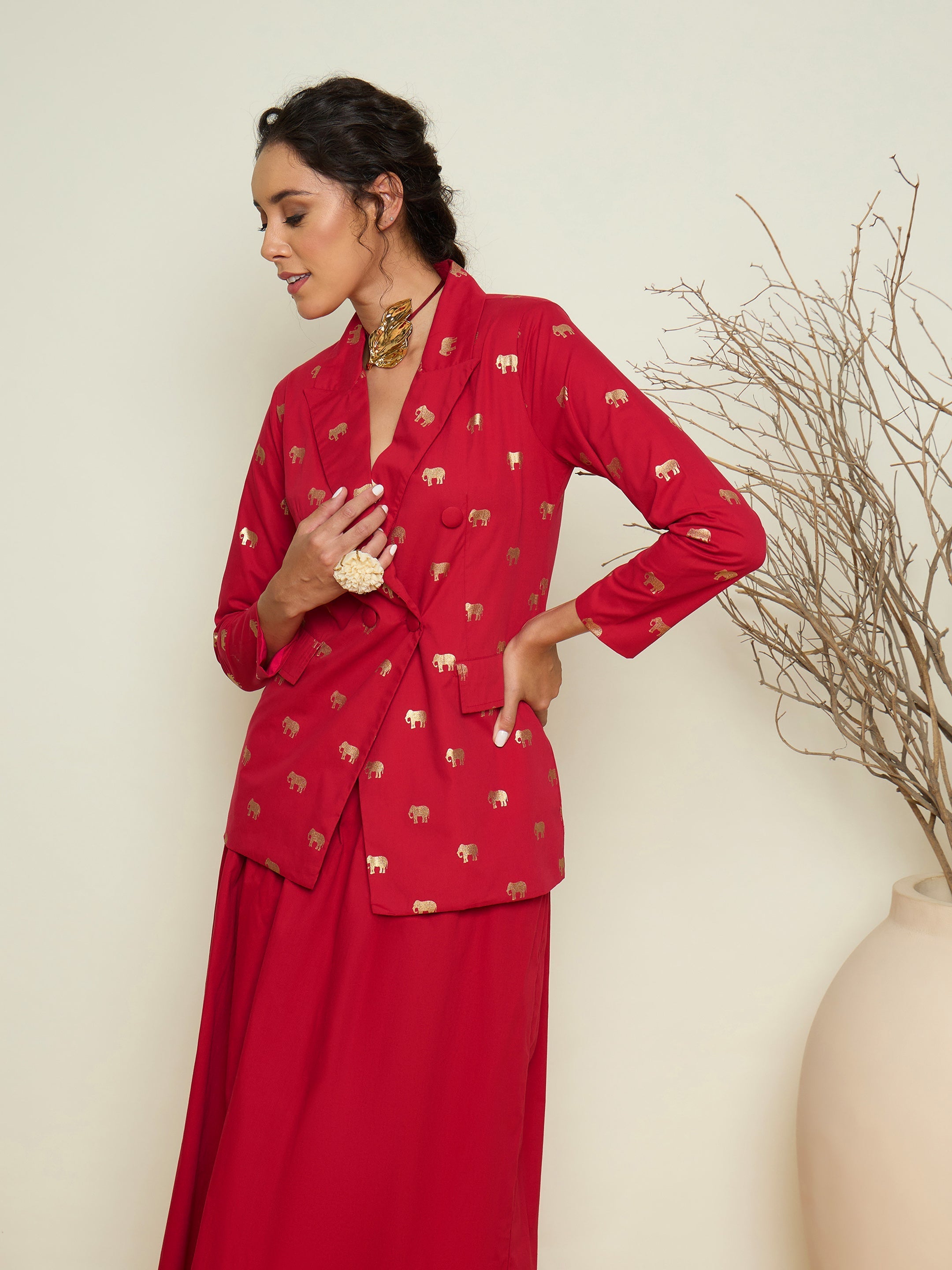 Women Fuchsia Foil Print Double Breasted Blazer With Gathered Skirt-SFSETS96639