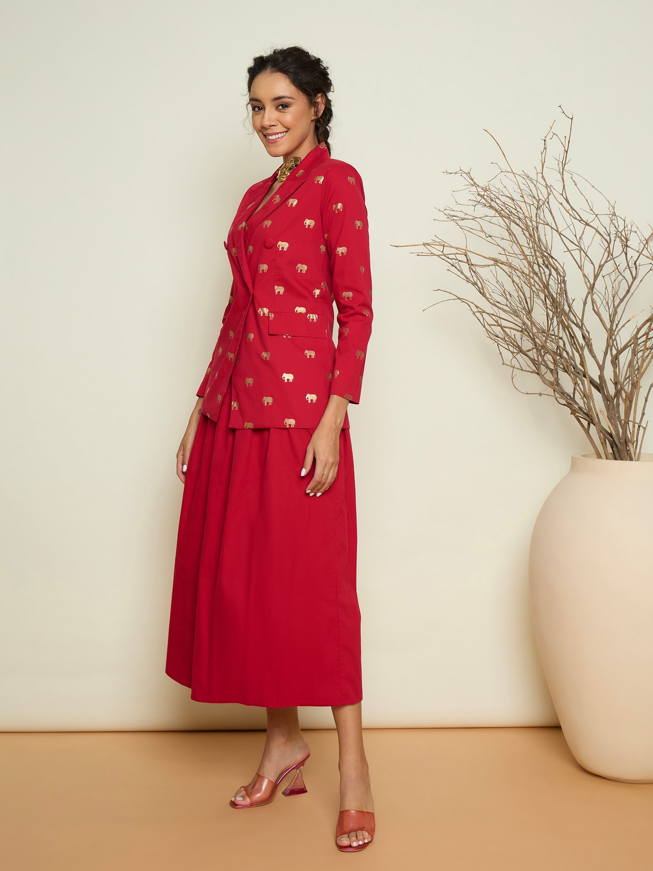 Women Fuchsia Foil Print Double Breasted Blazer With Gathered Skirt-SFSETS96639