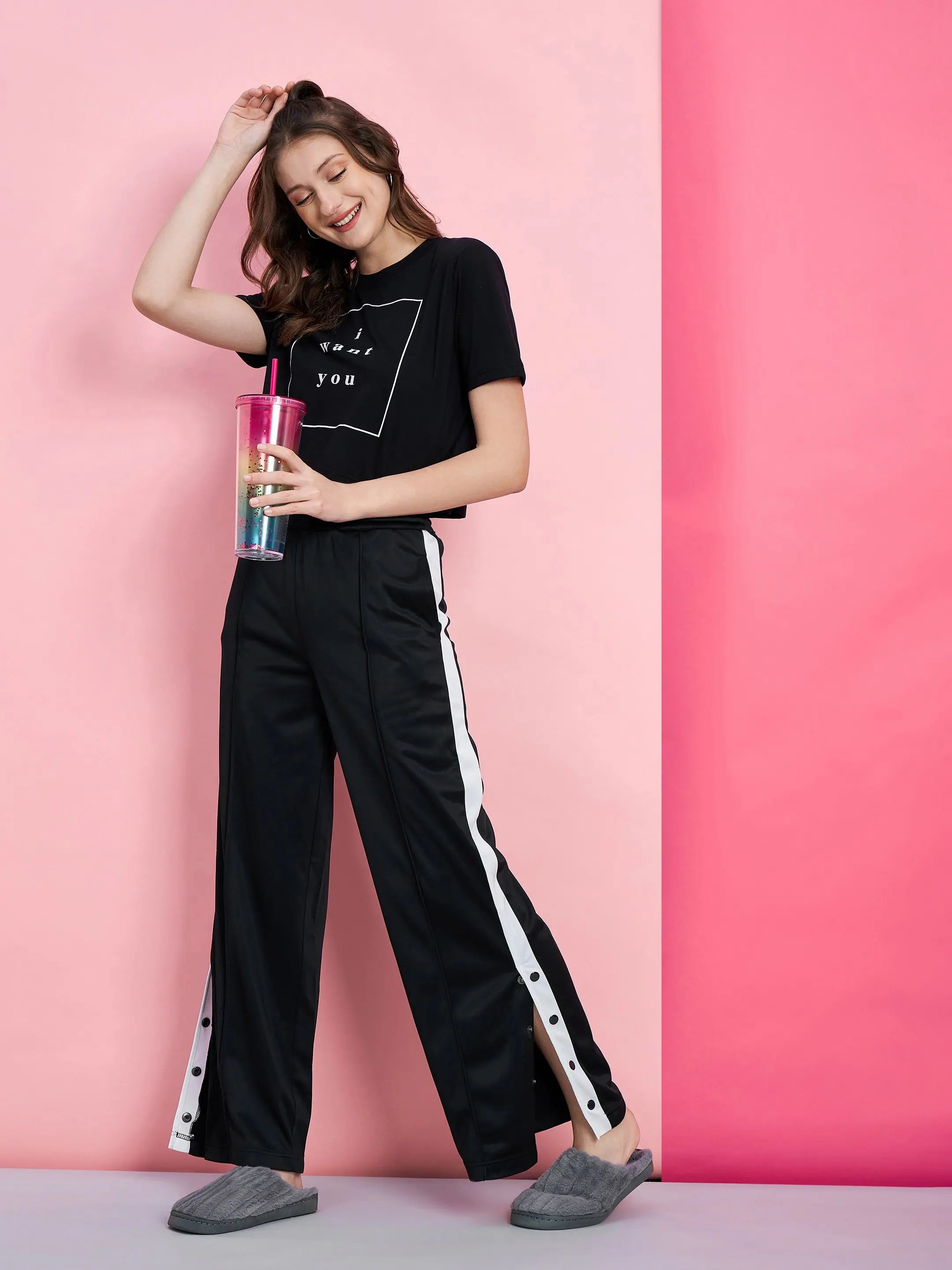 Women's Printed Black Cotton Jumpsuit Set | Boxy Tee & Pants