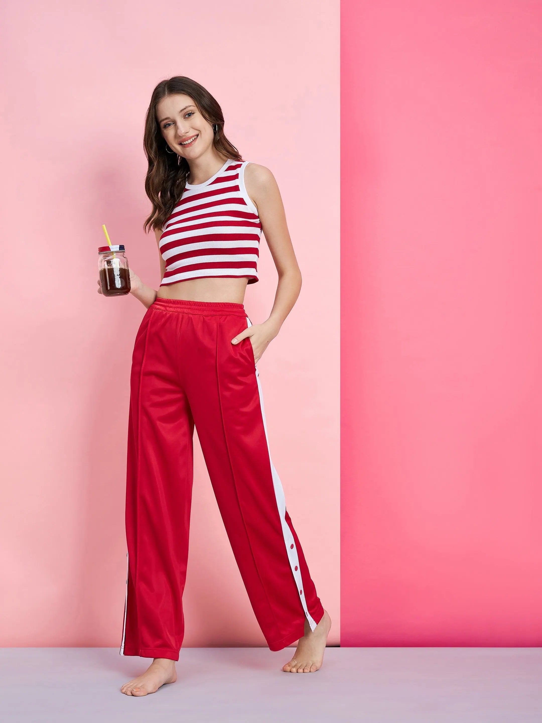 Women's Red Printed Cotton Jumpsuit Set | Stripe Ribbed Top