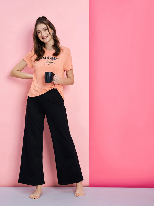 Women Peach I SAW KARMA T-shirt With Black Track Pants 2160