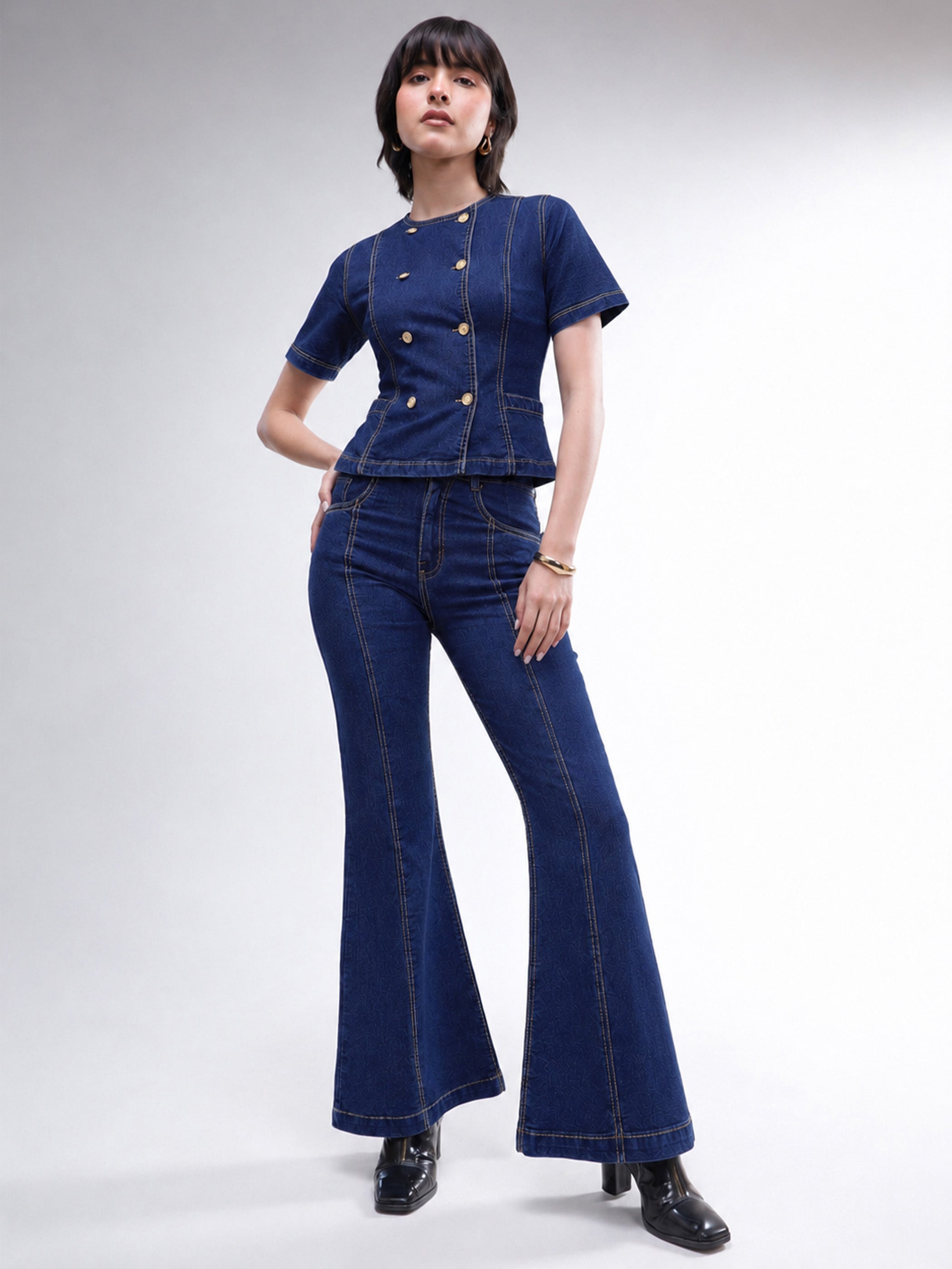 DesiQlo Navy Denim Button Down Top With Bell Bottom Jeans - Navy 