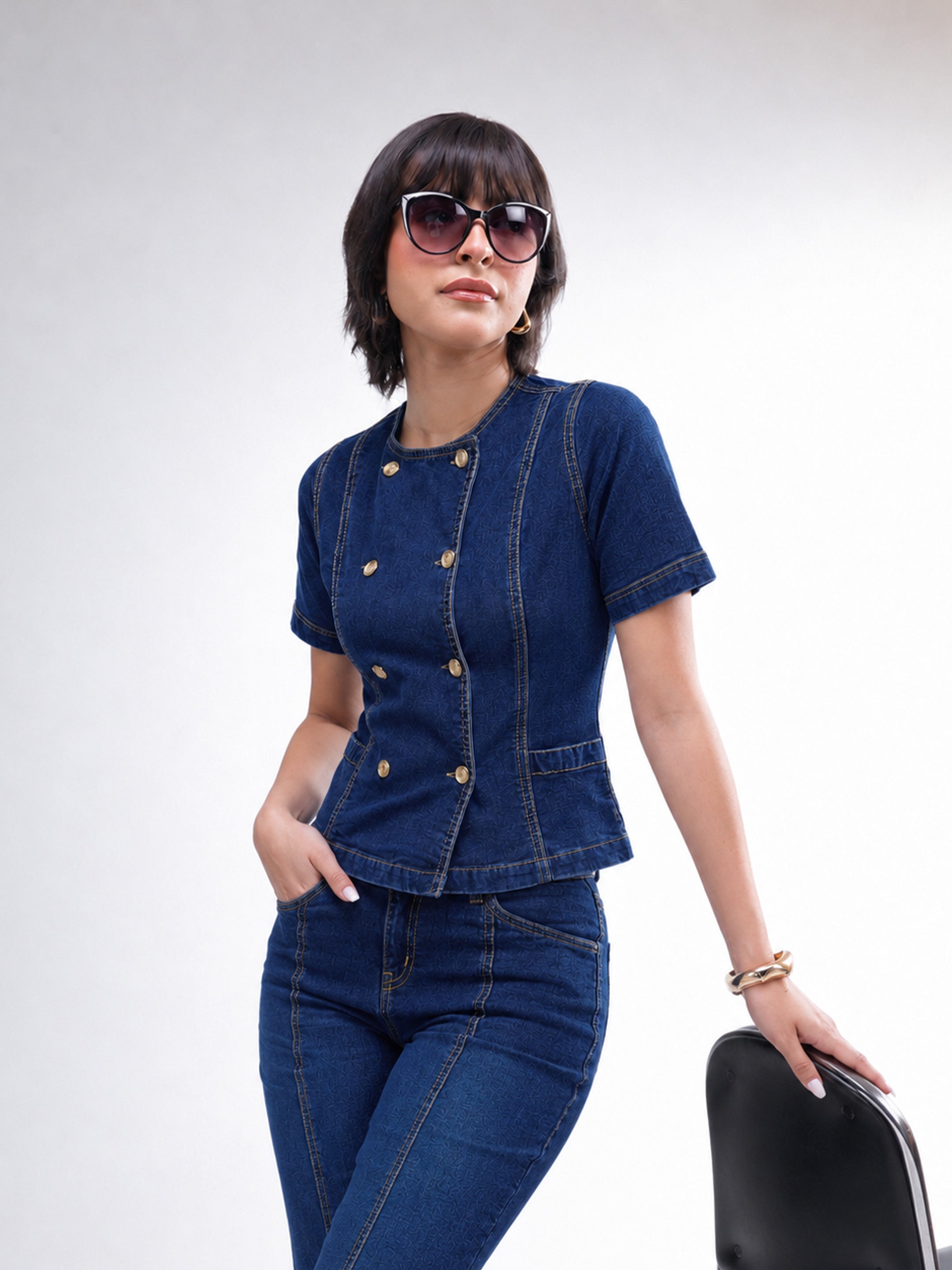 DesiQlo Navy Denim Button Down Top With Bell Bottom Jeans - Navy 