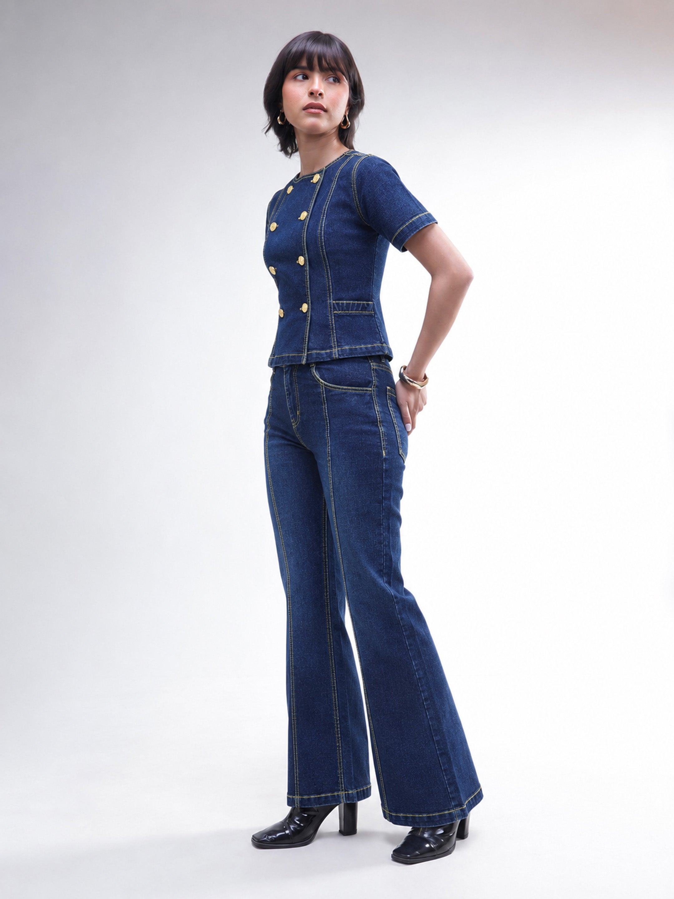 DesiQlo Navy Denim Button Down Top With Bell Bottom Jeans - Navy 
