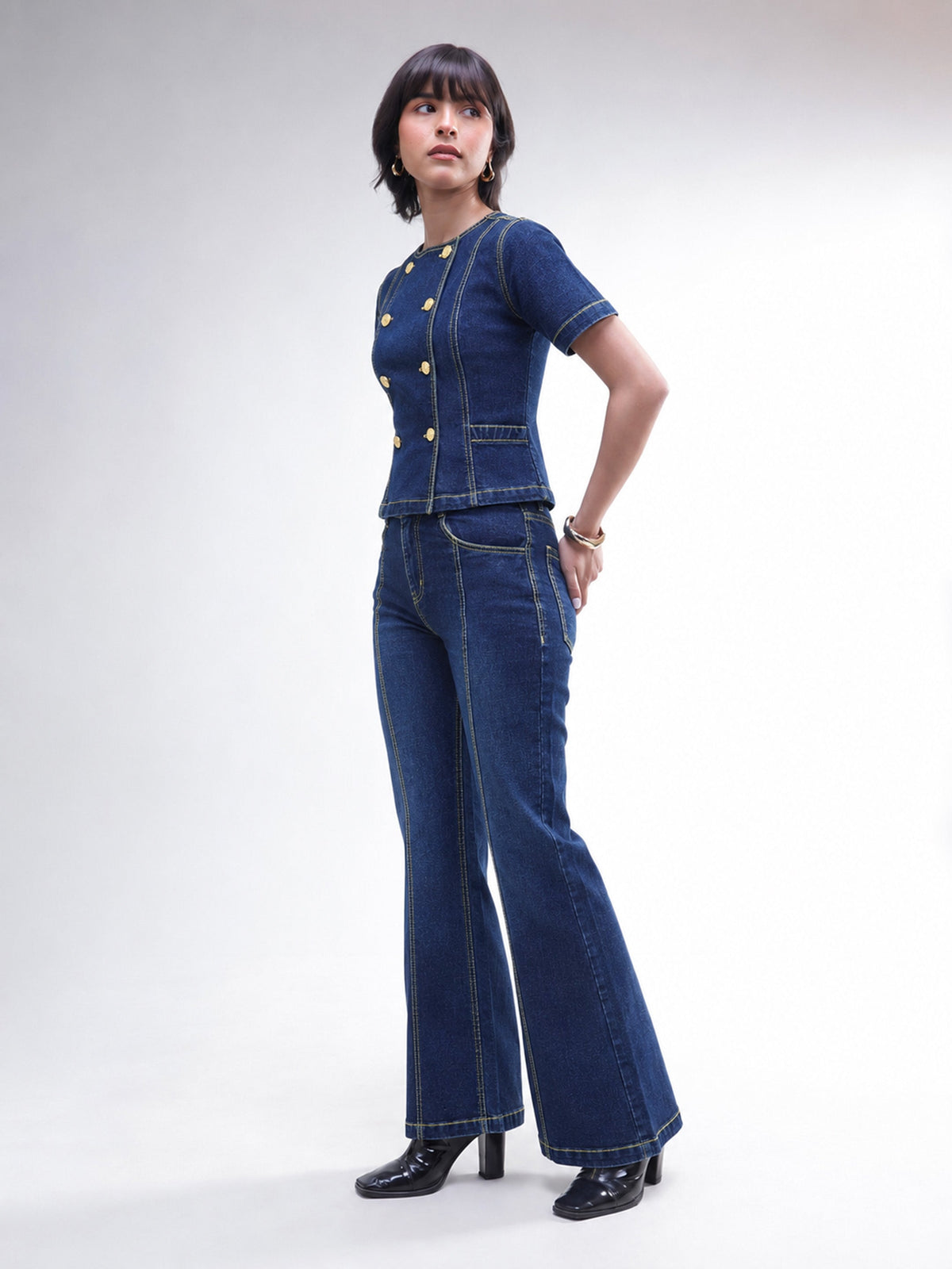 Women Navy Denim Button Down Top With Bell Bottom Jeans