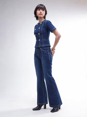 Women Navy Denim Button Down Top With Bell Bottom Jeans
