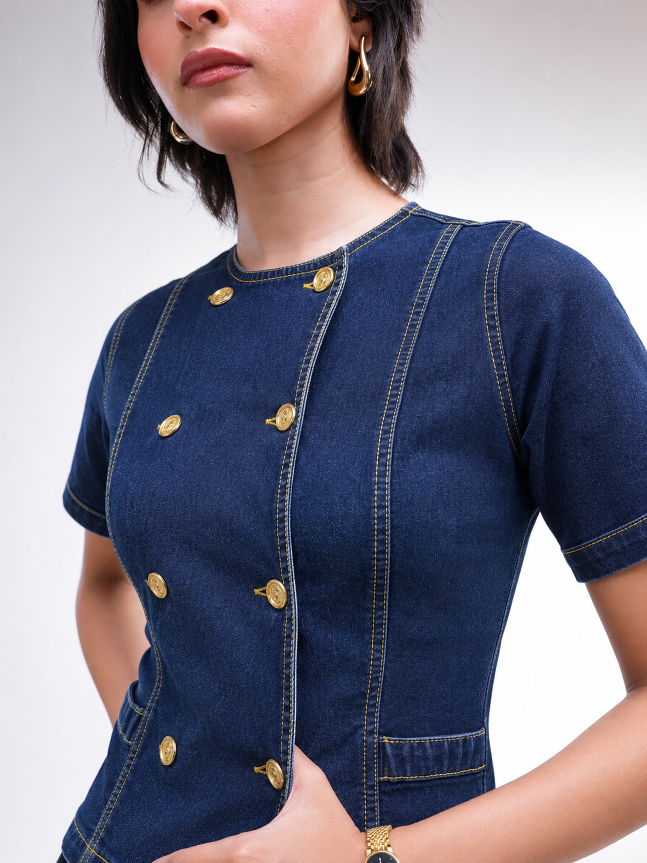 DesiQlo Navy Denim Button Down Top With Bell Bottom Jeans - Navy 