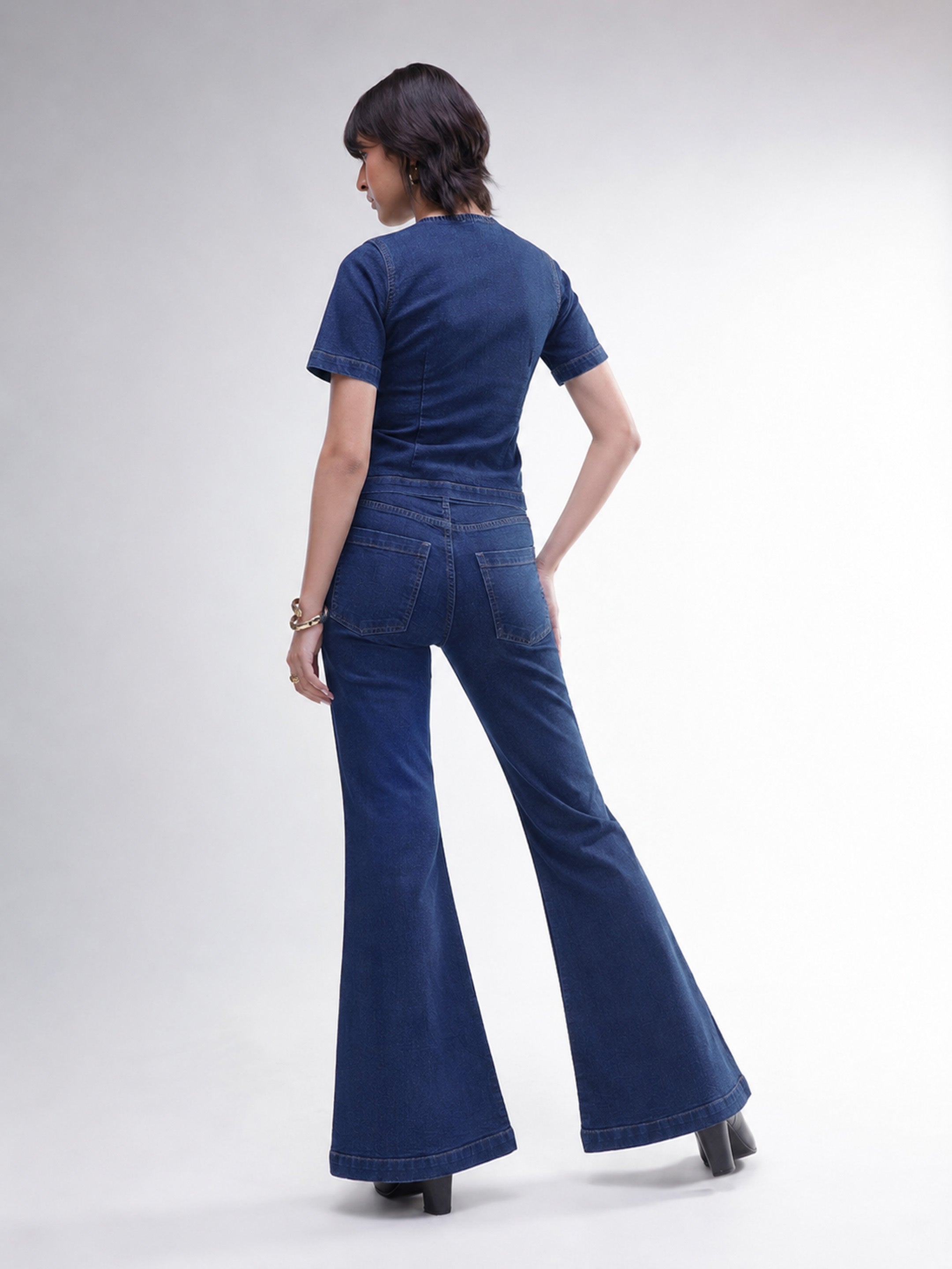 DesiQlo Navy Denim Button Down Top With Bell Bottom Jeans - Navy 