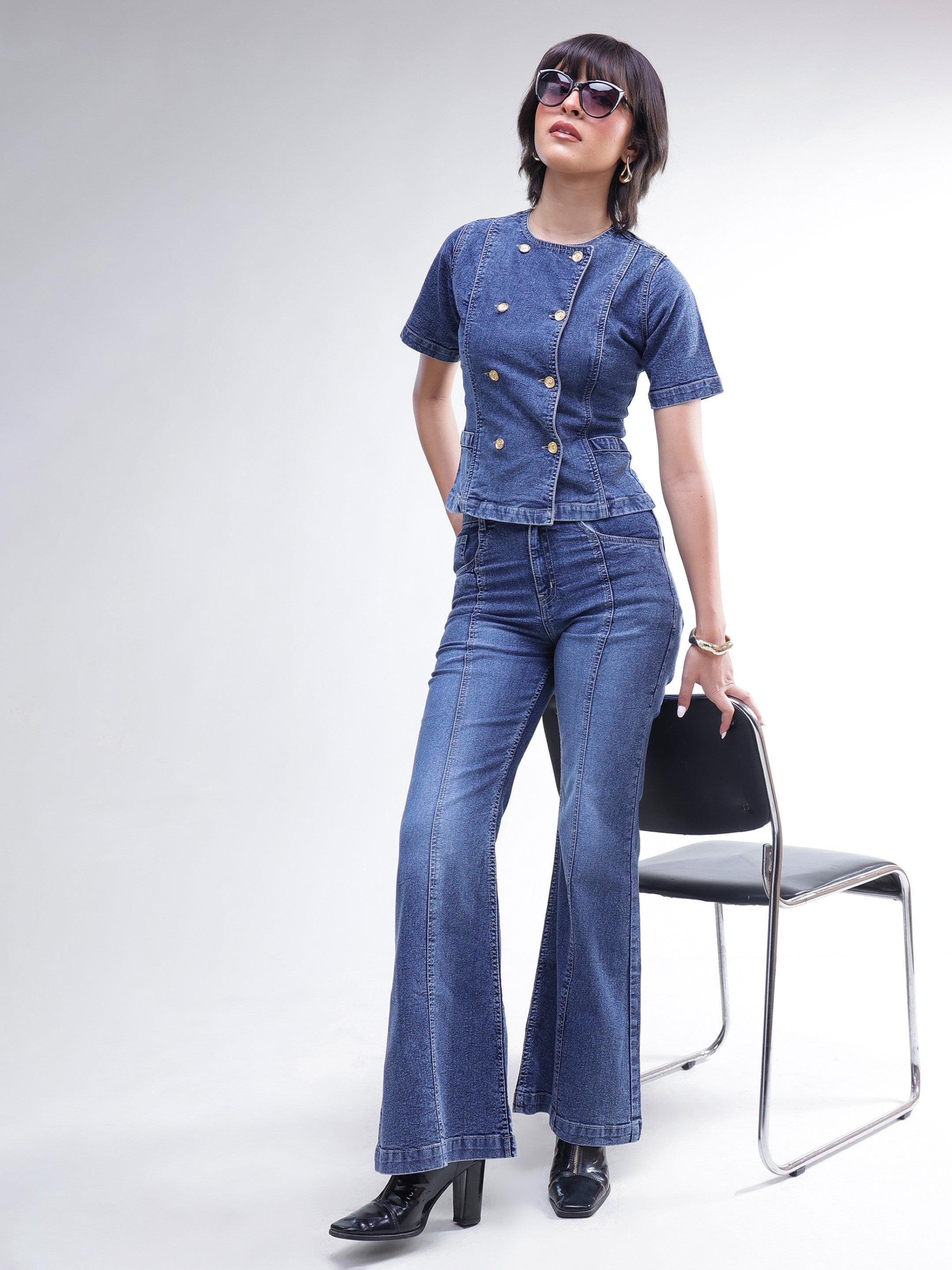 DesiQlo Blue Denim Button Down Top With Bell Bottom Jeans - Blue