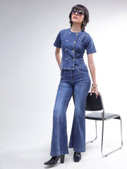 Women Blue Denim Button Down Top With Bell Bottom Jeans