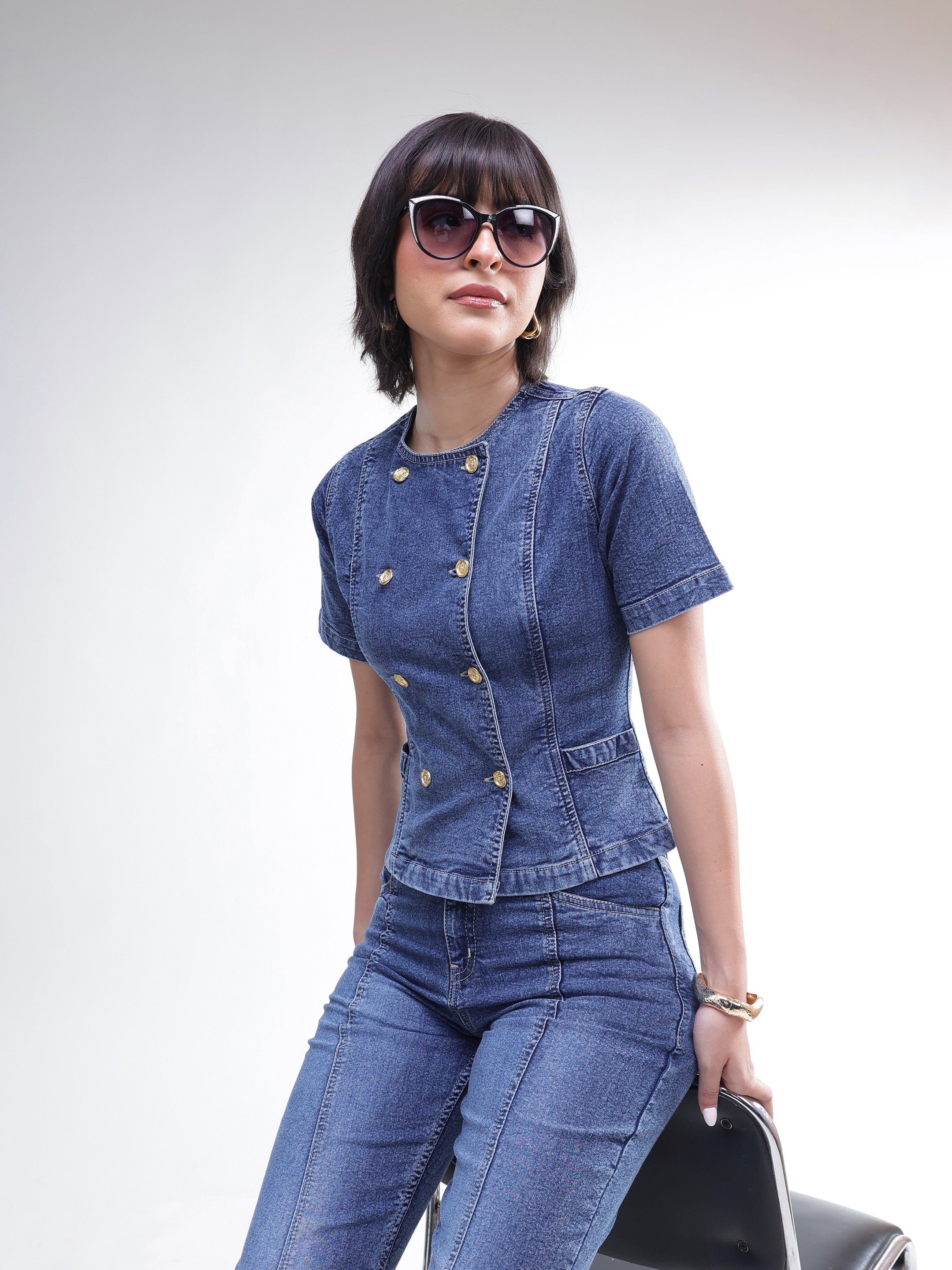 DesiQlo Blue Denim Button Down Top With Bell Bottom Jeans - Blue