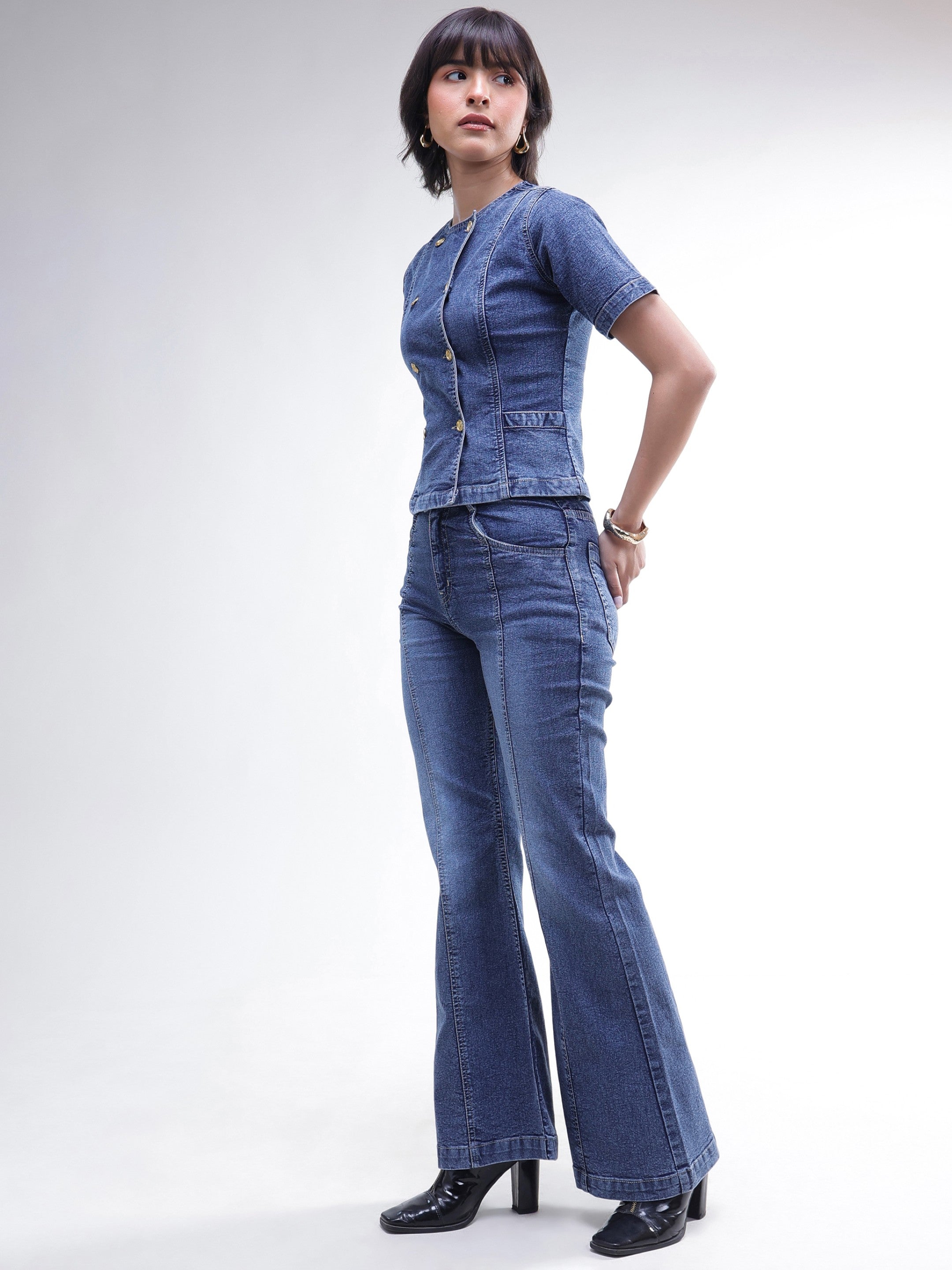 DesiQlo Blue Denim Button Down Top With Bell Bottom Jeans - Blue