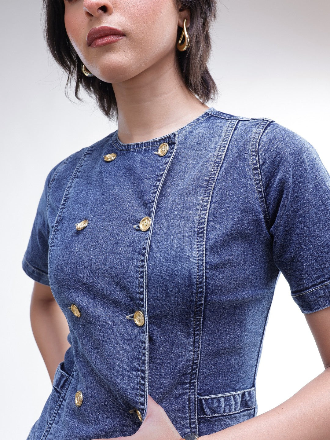 Women Blue Denim Button Down Top With Bell Bottom Jeans