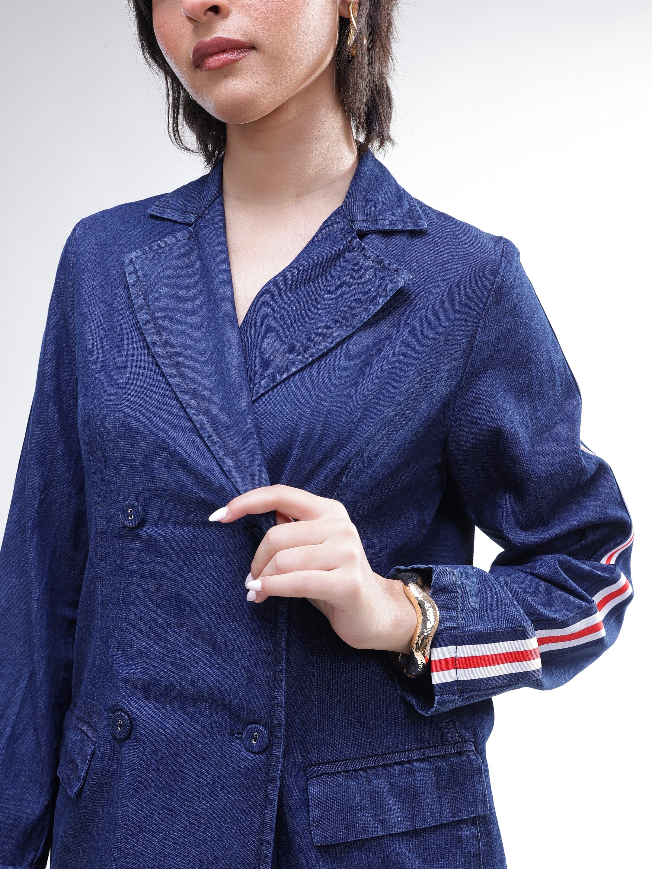 DesiQlo Navy Denim Double Breasted Blazer With Straight Fit Jeans