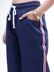 Women Navy Denim Double Breasted Blazer With Straight Fit Jeans