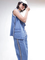 Women Blue Denim Sleeveless Blazer With Wide Leg Jeans