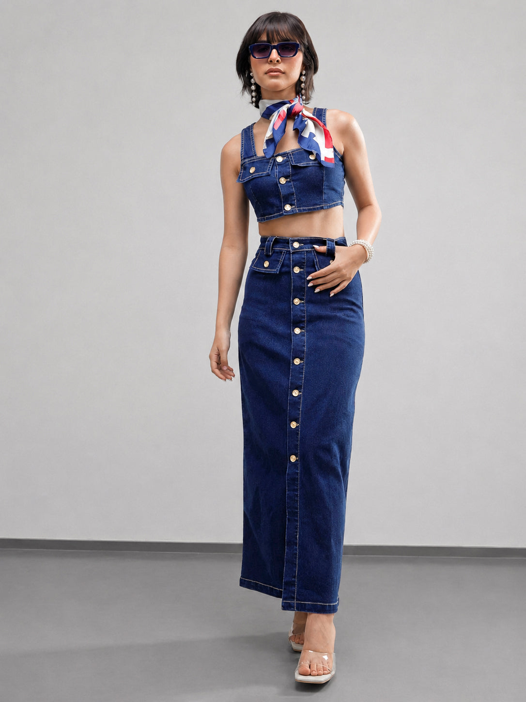 DesiQlo Navy Denim Front Button Crop Top With Skirt - Navy Blue