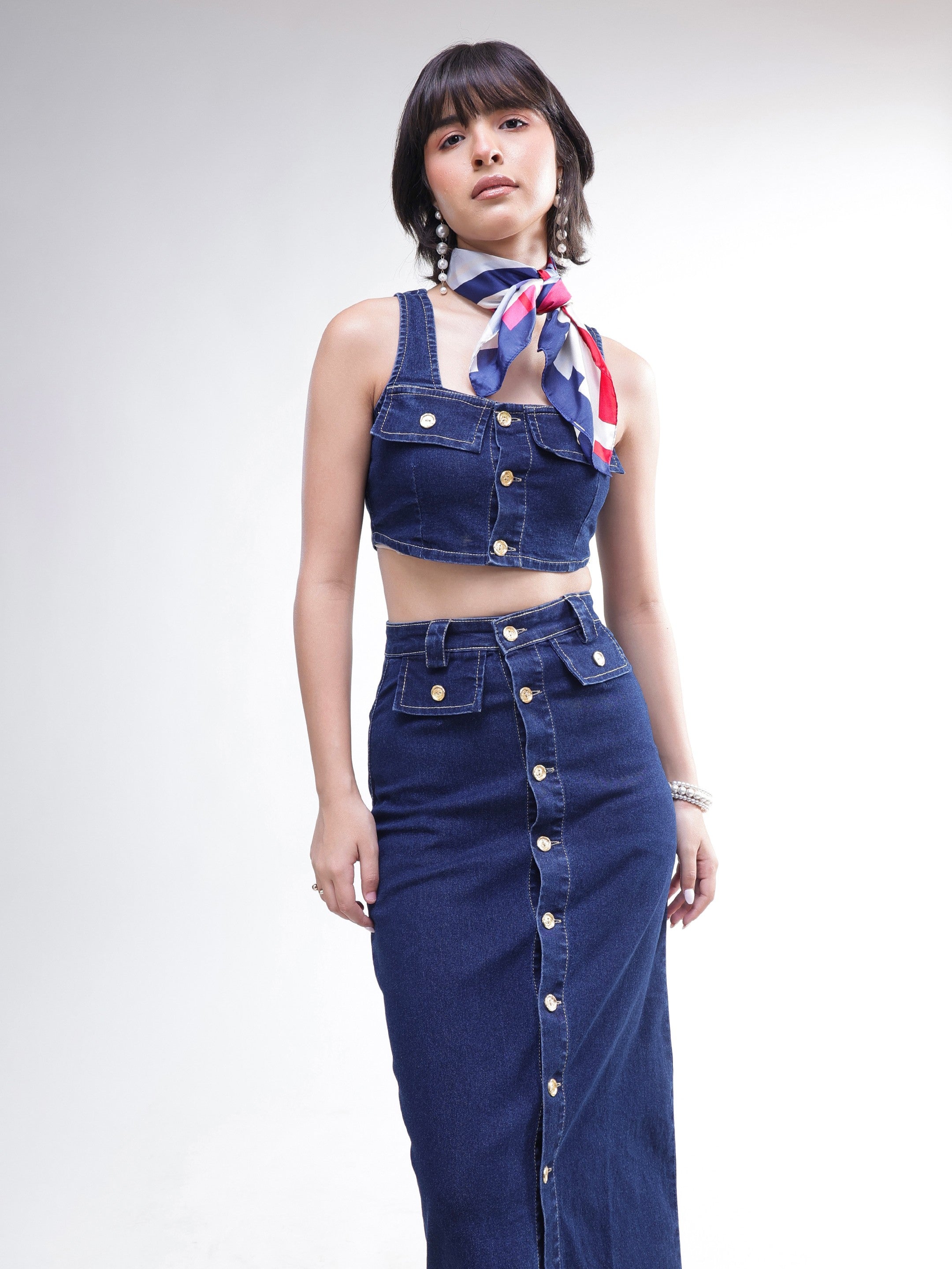 DesiQlo Navy Denim Front Button Crop Top With Skirt - Navy Blue
