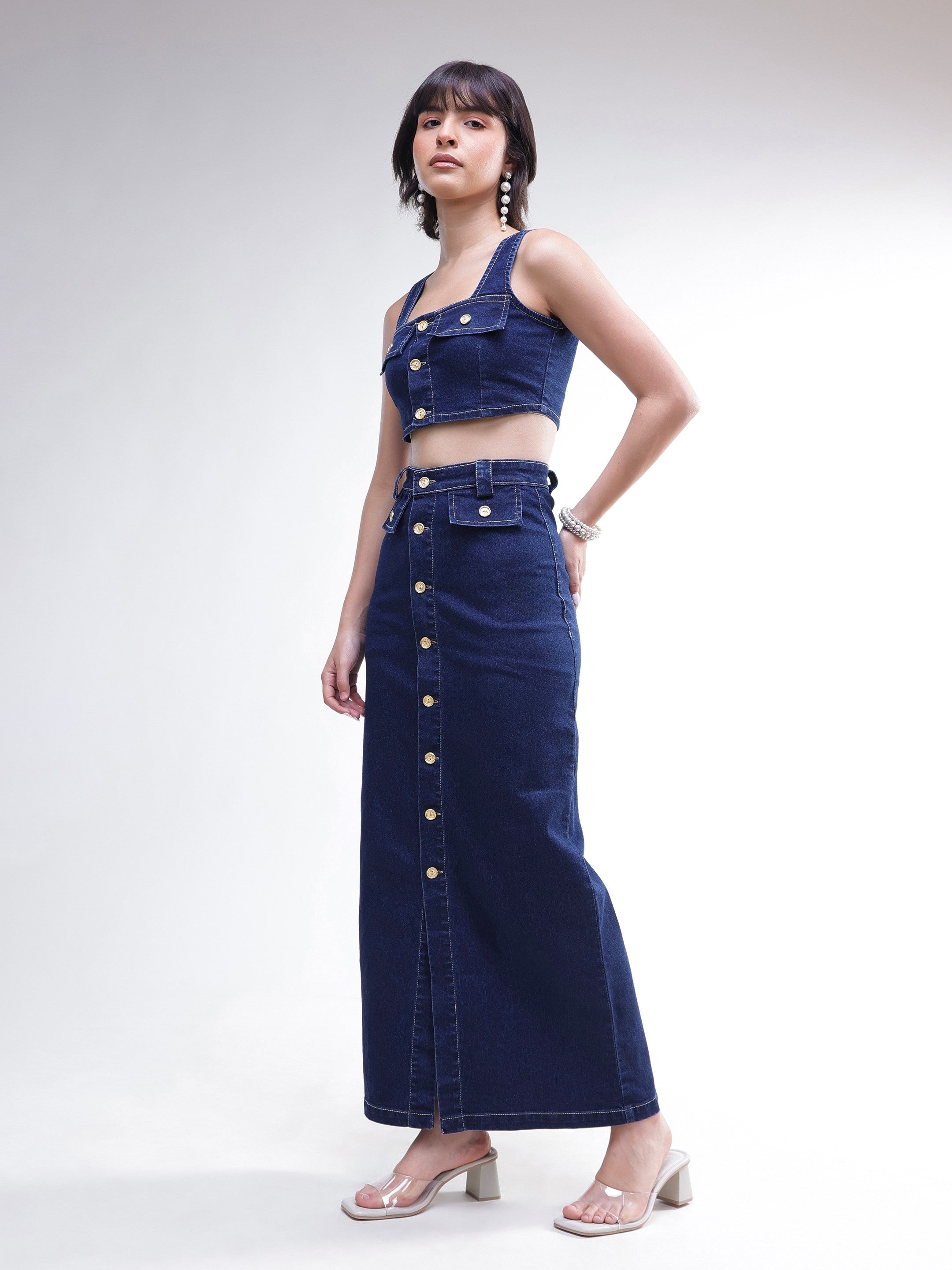 DesiQlo Navy Denim Front Button Crop Top With Skirt - Navy Blue