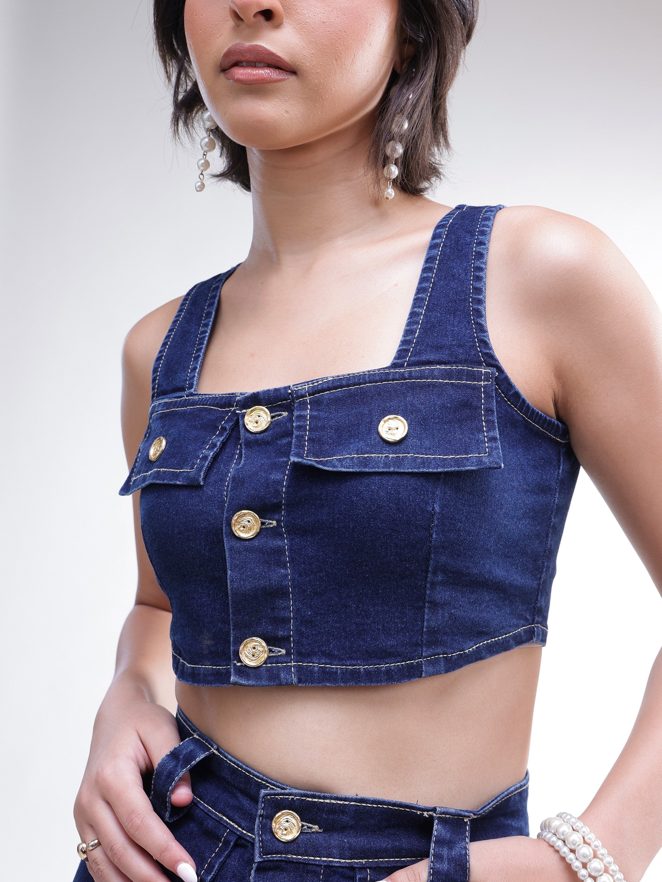 DesiQlo Navy Denim Front Button Crop Top With Skirt - Navy Blue
