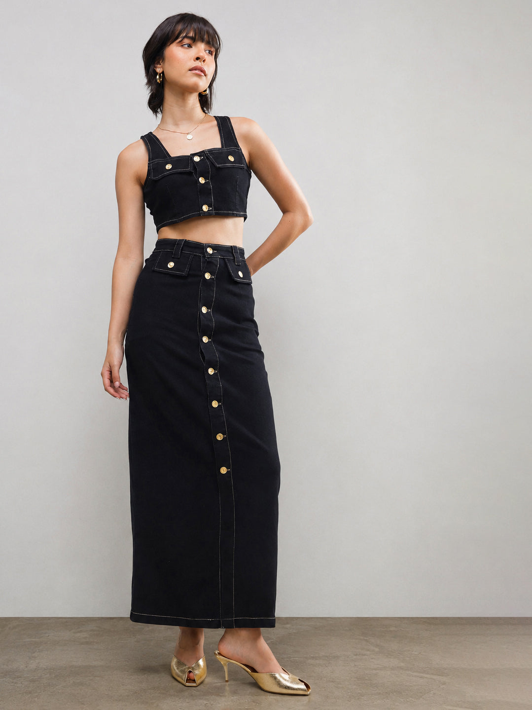 DesiQlo Black Denim Front Button Crop Top With Skirt - Black