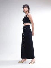 Women Black Denim Front Button Crop Top With Skirt