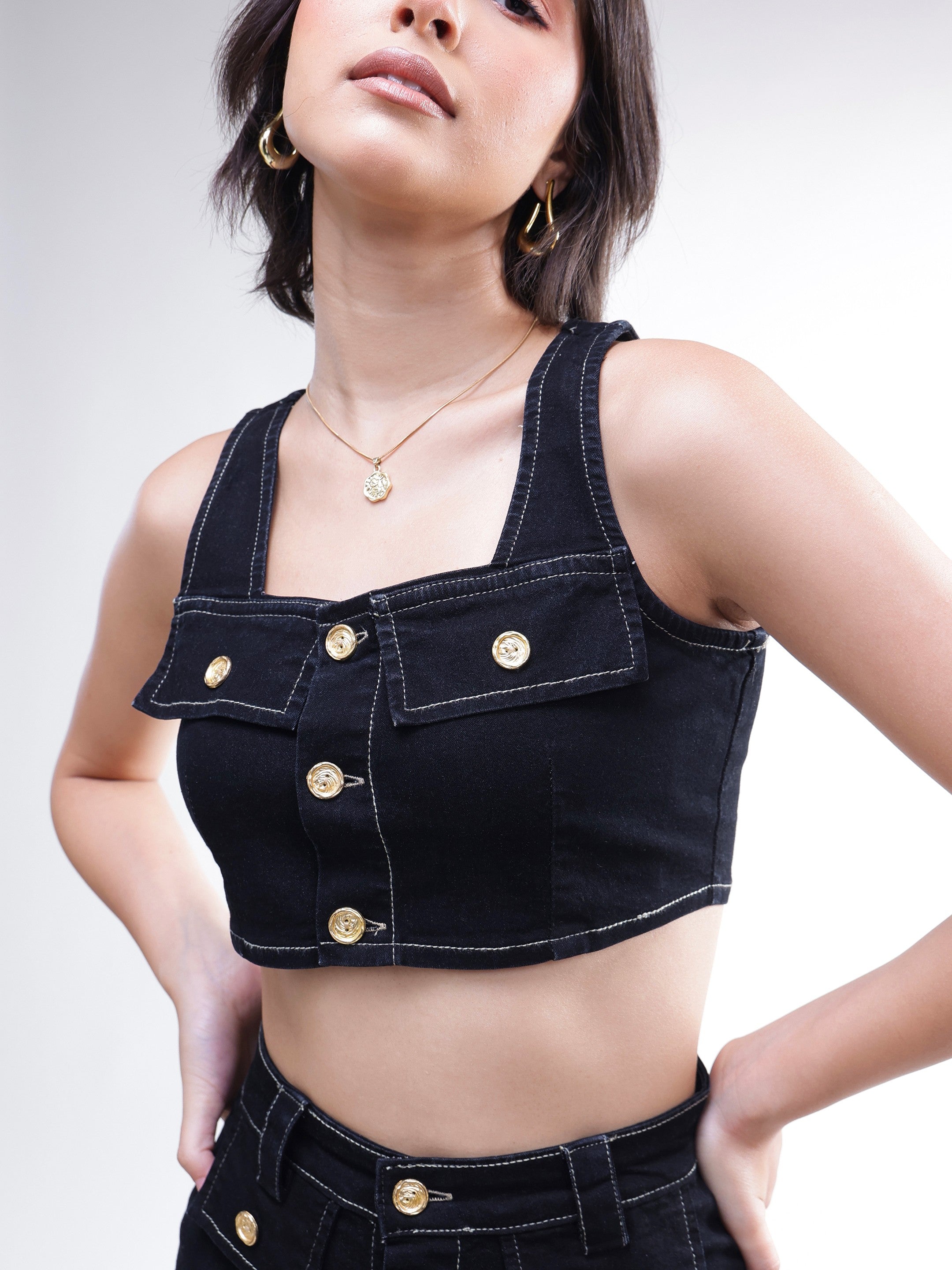 DesiQlo Black Denim Front Button Crop Top With Skirt - Black