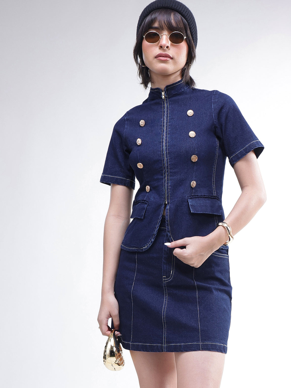 DesiQlo Navy Denim Front Zipper Top With Mini Skirt - Navy Blue